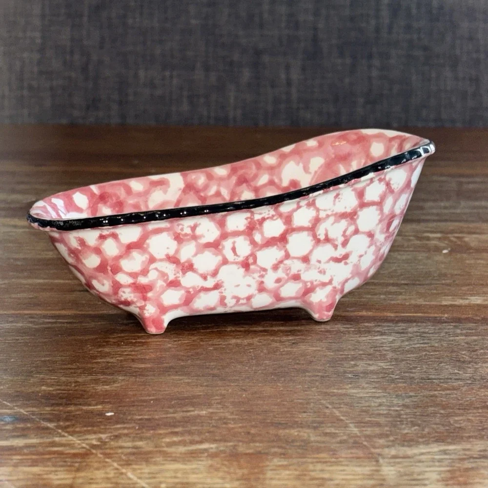 Vintage ENESCO IMPORTS JAPAN Ceramic BATHTUB Pink/White SPONGEWARE Soap Dish